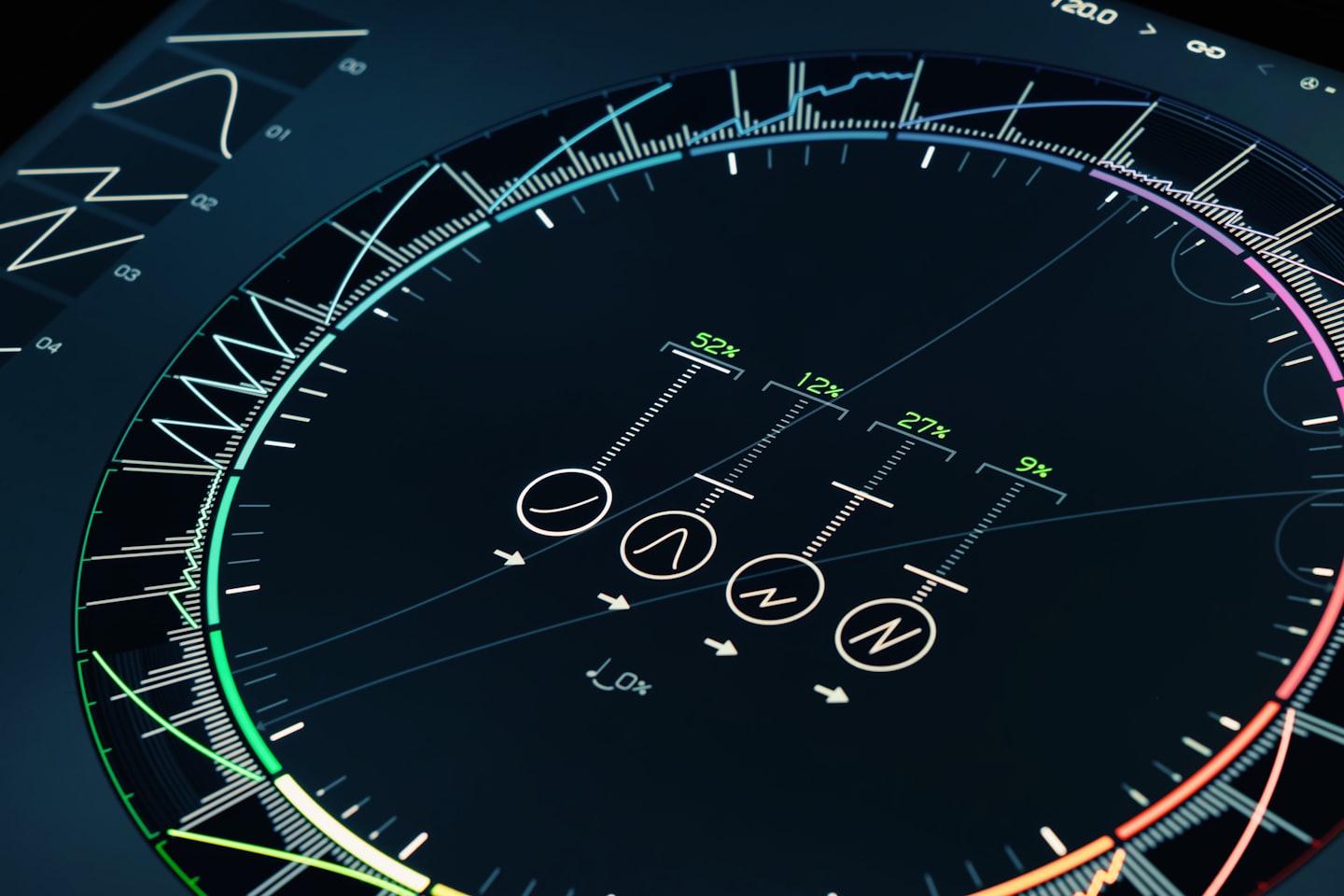 Interfaz digital futurista que muestra visualizaciones de datos y gráficos.