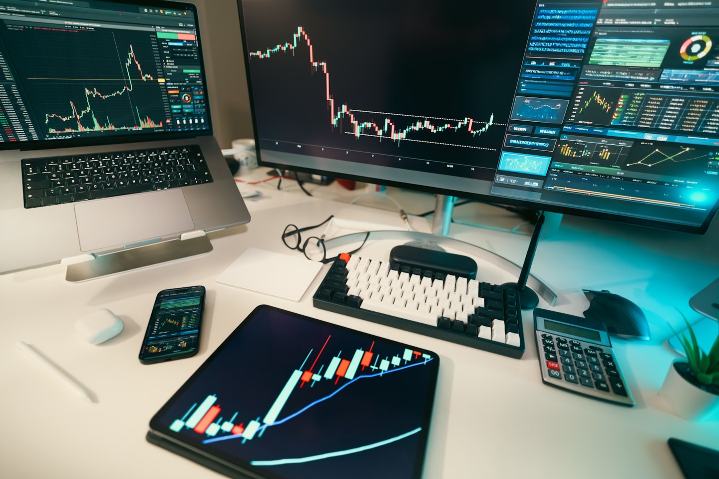 Ordenador portátil, monitor, tableta y teléfono muestran datos del mercado de valores.